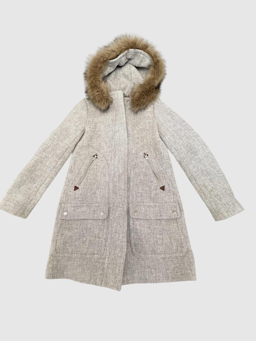 J.Crew Coat Womens 0 Gray Italian Wool Hooded Parka Faux Fur Trim Zip Pockets
